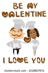 Multi ethnic couple in love. Mixed race couple. Interracial couple. African american woman white man. Be my Valentine and I love you inscription made of bagel