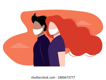 Multi ethnic couple wearing protective face masks. Different nationalities and cultures. Health care concept. Prevents the flu and infection from the covid-19. Isolated vector illustration