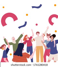 multi ethnic different cultural background jump together happy young have fun group celebration joyful friends