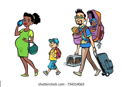 Multi ethnic family travelers, mom dad and kids