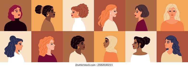 Multi ethnic female portraits. Girls faces. Smooth lines and shapes. Beautiful women characters. Femininity diversity. Tenderness and beauty. Ladies heads profile view