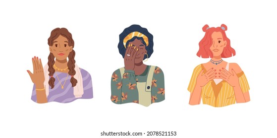 Multi ethnic girls showing manicure isolated women with perfect nails flat cartoon set. Vector female hands with fashionable nail design, red and yellow polish. Caucasian and afro american ladies