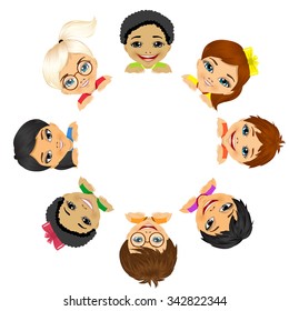 multi ethnic group of children holding a white round billboard