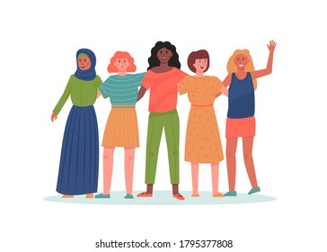 Multi ethnic group of girls, standing in an embrace. They are friends, happy students. A symbol of unity and support. Flat cartoon illustration.