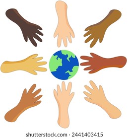 Multi ethnic group holding hands to earth.
Unity, support and collaboration concept