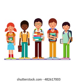 Multi ethnic group of school students kids standing together wearing backpacks holding books, textbooks and tablet computers. Happy pupils and friends. Flat style modern vector illustration.