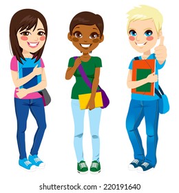 Multi ethnic group of three young teenage students standing with positive expression ready to go back to school with shoulder bag, folder and notebook