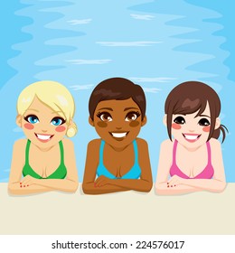 Multi ethnic group of three young women in swimming pool with positive smiling face expression