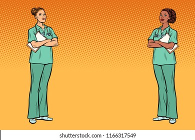 Multi ethnic group. Two nurses. Medicine and health background. Pop art retro vector illustration vintage kitsch