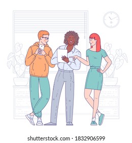Grupo multiétnico de jóvenes, animados empleados o compañeros de trabajo juntos resolviendo los problemas actuales de la empresa