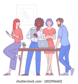 Grupo multiétnico de jóvenes, animados empleados o compañeros de trabajo juntos resolviendo los problemas actuales de la empresa