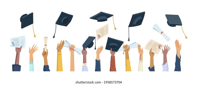 Multi ethnic hands throwing diplomas, mortarboard hats and certificates, graduation celebration flat cartoon people. Vector masters and bachelors graduate, caps throwing, happy students celebrate