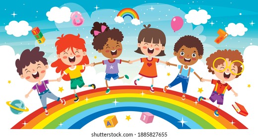 Multi Ethnic Kids Playing On Rainbow