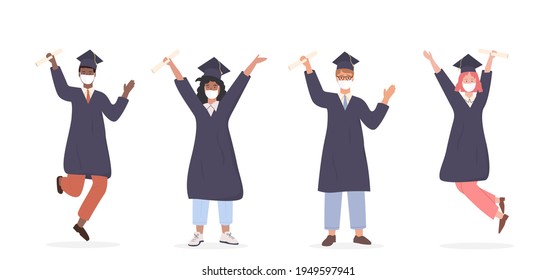 Multi Ethnic Male And Female Pupils Wearing Medical Face Mask Celebrating University Graduation. Group Of Happy Graduated Students In Academic Dress, Gown And Cap And Holding Diploma. Vector.