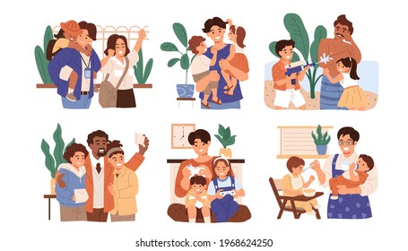 Multi ethnic men taking care of their children. Concept of fatherhood, single father, and diverse family. Illustration set designed in flat style.