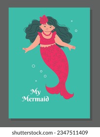 Multi ethnic mermaid. Beautiful mermaid with curly hair and flower, pink fishtail and clothes. Cartoon character of Brazilian, Latin folklore. Vector fashion fairytale poster, card design
