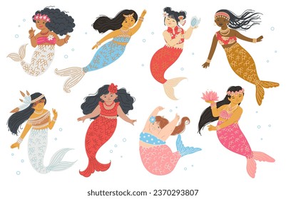 Multi ethnic mermaids set. Beautiful mermaids in various national costumes and jewelry. Cartoon characters of Latin, Indian, Japanese, African folklore. Vector fairytale fashion isolated illustrations