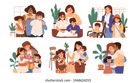 Multi ethnic mothers taking care of their children. Concept of motherhood, single mother and diverse family.