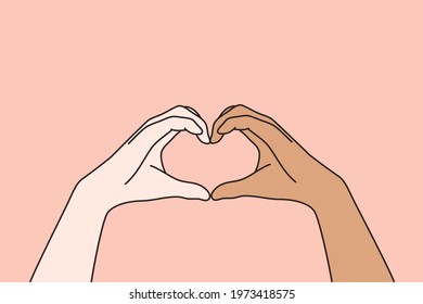 Multi ethnic and multicultural love concept. Hands of white and black human people forming heart meaning love over pink background vector illustration 