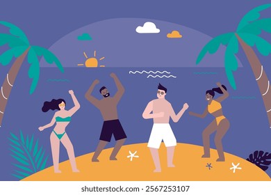 Multi ethnic people celebrate and dance on the beach. A party in the atmosphere of summer. Friends dancing on exotic beach. Tropical ocean shore at sunset. Holiday mood. flat vector illustration
