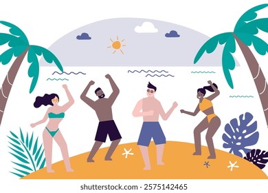 Multi ethnic people celebrate and dance on the beach. Party in atmosphere of summer. Friends dancing on exotic beach. Tropical ocean shore at sunset. Holiday mood, good vibes. flat vector illustration