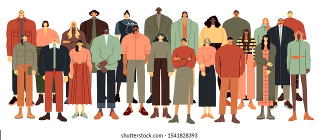 Multi ethnic people group. Multiracial student crowd, multinational young people standing together vector illustration. Male and female multicultural cartoon characters on white background