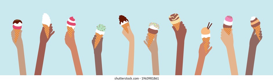Multi ethnic people with ice cream cones full of summer icecream banner