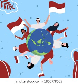 Multi ethnic people smile hold red white flag background of archipelago earth celebrate Indonesian independence day concept with flat cartoon style.