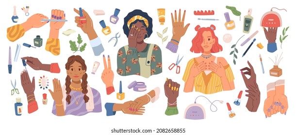 Multi ethnic woman of different nationalities making manicure isolated icons set. Vector girls hand and tools for perfect nails, wood cuticle sticks, pusher, trimmer, nail-file and scissors, gel lamp
