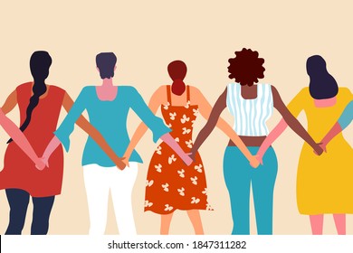 Multi ethnic women facing back with their hands holding together. A Women's day concept