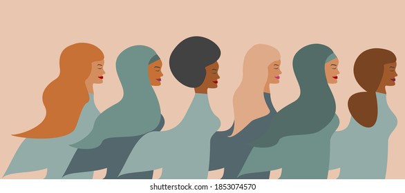 Multi ethnic women standing side by side. Feminism concept, diversity, equality, women empowerment or girls power