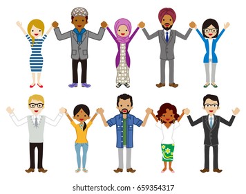 Multi Ethnic young adults Group people set - Holding hands
