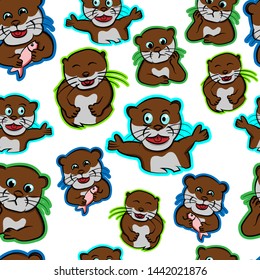 multi expression funny face otter animals excited, confused, laugh, pet feeding eat fish cute seamless pattern white background