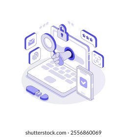 Multi Factor Authentication concept. The Hand with the Check comes out of the monitor. Mfa isometric vector illustration