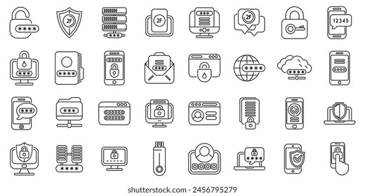 Multi factor authentication icons set outline vector. Password security. Page login