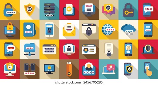 Multi factor authentication icons set flat vector. Password security. Page login