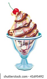 Multi flavor ice cream with chocolate syrup in glass bowl