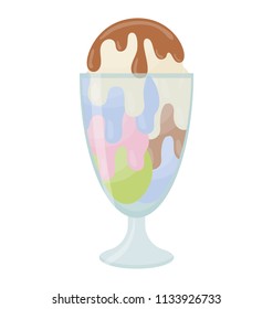 
Multi flavors of ice scoops in a cup with melted chocolate sauce over depicting rainbow ice cream 

