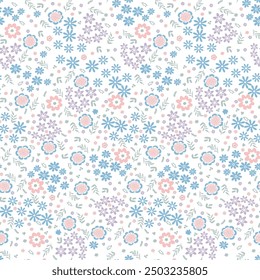 Multi Flower Seamless Pattern, Pattern with simple pretty small flowers, little floral liberty seamless white background. blue Spring, summer romantic blossom flower.