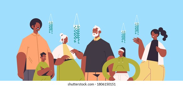 multi generation african american family happy grandparents parents and children standing together portrait horizontal vector illustration