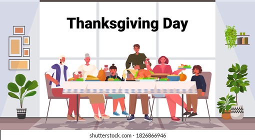 multi generation family celebrating happy thanksgiving day people sitting at table having traditional dinner horizontal full length copy space vector illustration