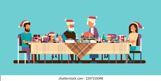 multi generation family celebrating new year merry christmas holiday people sitting at table traditional dinner concept horizontal flat