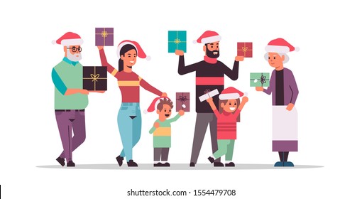 multi generation family with gift present boxes standing together merry christmas happy new year holiday celebration concept grandparents and children wearing santa hats full length horizontal vector