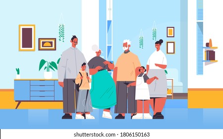 multi generation family happy grandparents parents and children standing together living room interior full length horizontal vector illustration