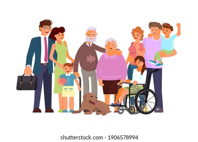 Multi generation family portrait including kids, teen girl in wheelchair, parents and grandparents. Characters isolated on white background. Flat Art Vector illustration