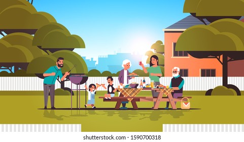 multi generation family preparing hot dogs on grill happy grandparents parents and children having fun backyard picnic barbecue party concept flat full length horizontal vector illustration