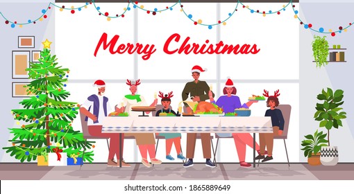 multi generation family in santa hats having christmas dinner new year winter holidays celebration concept living room interior horizontal full length lettering greeting card vector illustration