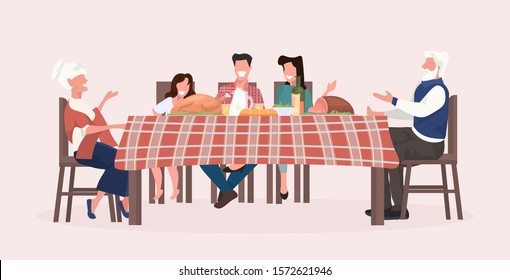 multi generation family sitting at table having christmas dinner grandparents parents and children discussing during meeting holidays celebration concept full length horizontal vector illustration