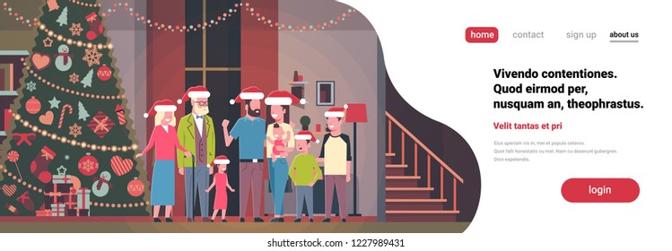 multi generation family standing together in house near decorated fir tree. Happy new year merry Christmas concept. Flat horizontal copy space vector illustration