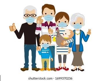 Multi generation family wearing medical mask - full length